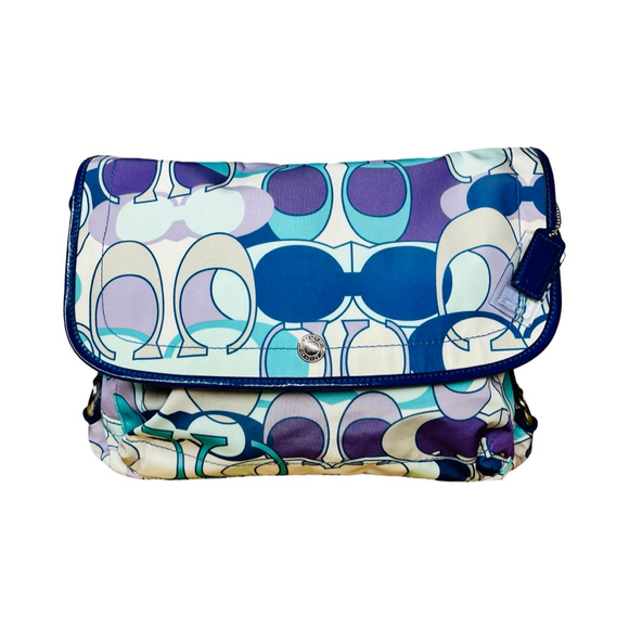 EUC Coach Kyra Daisy Scarf Signature Nylon Crossbody Messenger Blue Purple/COA - Picture 10 of 11